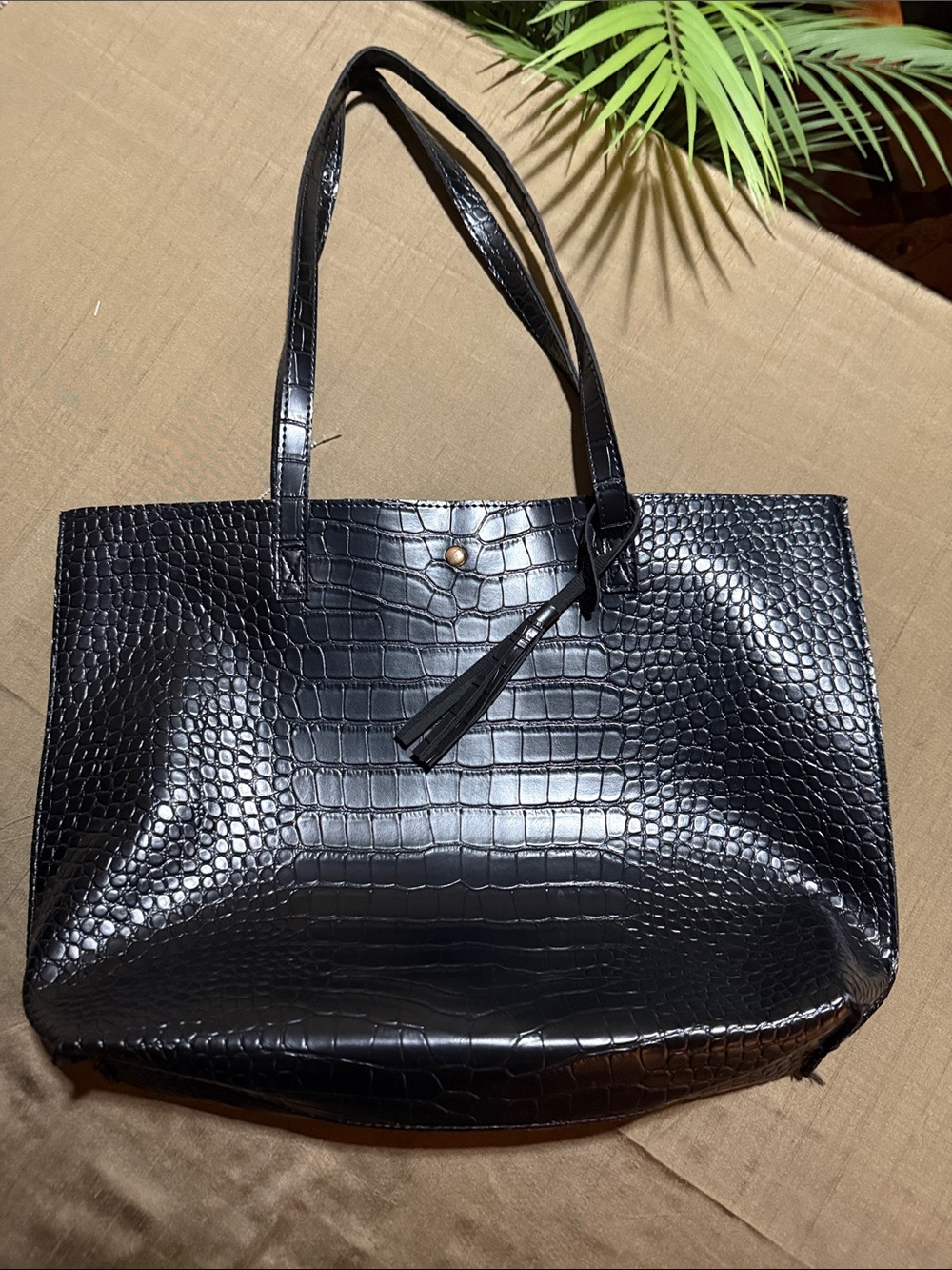 Black Croc-Embossed Tote Bag with Tassel